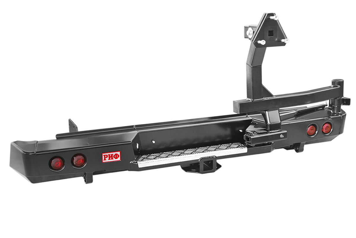 Бампер РИФ силовой задний Isuzu D-MAX (2012-2020) с квадратом под фаркоп, калиткой, фонарями, подсветкой номера стандарт