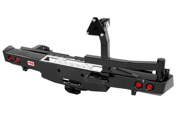 Бампер РИФ задний Nissan Navara D40 2010+ с площ. под лебёдку, квад. под фаркоп, калиткой и фонарями