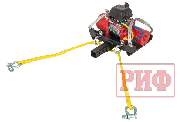 Лебёдка переносная РИФ 9.5XS c квадратом для фаркопа и проводами в сборе, короткий барабан, стальной трос (облегченная)