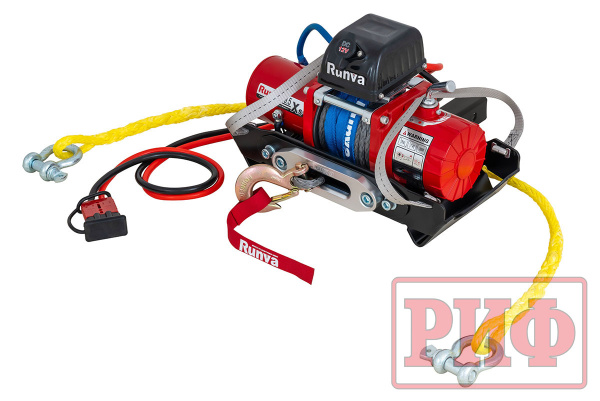 Лебёдка переносная РИФ 9.5XS c квадратом для фаркопа и проводами в сборе, короткий барабан, синтетический трос (облегченная)