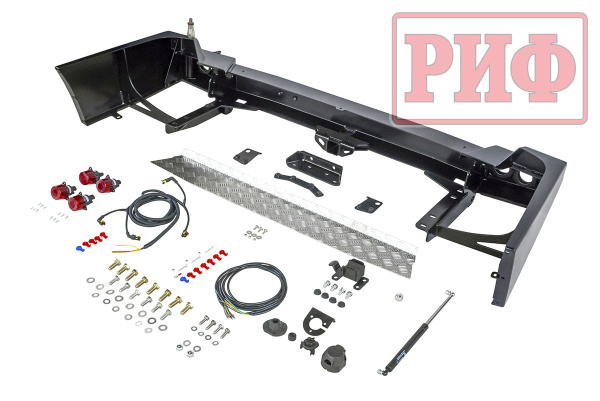 Бампер РИФ силовой задний Toyota Land Cruiser 100 с квадратом под фаркоп, калиткой, фонарями, подсветкой номера