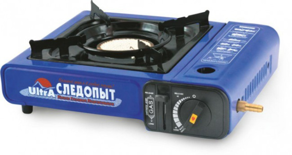 Плита газовая портативная СЛЕДОПЫТ UltrA керамическая конфорка, цанговый баллон, с переходником