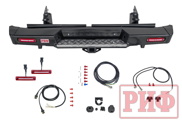 Бампер РИФ силовой задний Mitsubishi L200 2019-2022 с квадратом под фаркоп и фонарями