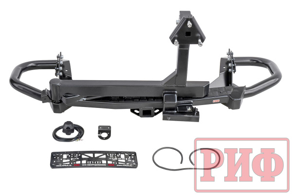 Бампер РИФ задний силовой/защита штатного бампера Mitsubishi Pajero Sport 2015-2020 c квадратом под фаркоп, калиткой, подсветкой номера