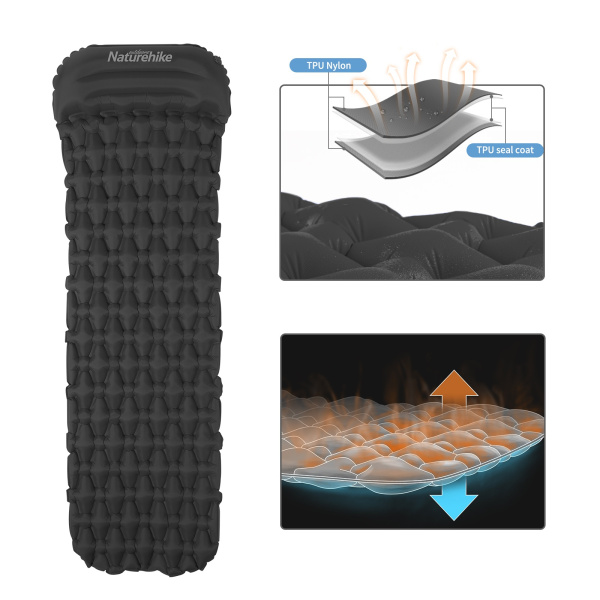 Коврик надувной Naturehike с подушкой, 185x59x3,5 см, серый, с мешком