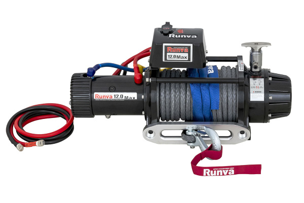 Лебёдка электрическая 12V Runva 12000 lbs 5443 кг влагозащищённая, комбин. роспуск, синт. трос