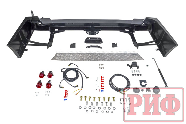 Бампер РИФ силовой задний Toyota Land Cruiser 100 с квадратом под фаркоп, калиткой, фонарями, подсветкой номера