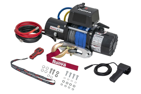 Лебёдка электрическая 12V Runva 12500 lbs 5670 кг короткий барабан, синтетический трос