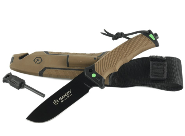 Нож туристический GANZO, длина 243 мм, сталь 8CR13, коричневый, с паракордом, в ножнах